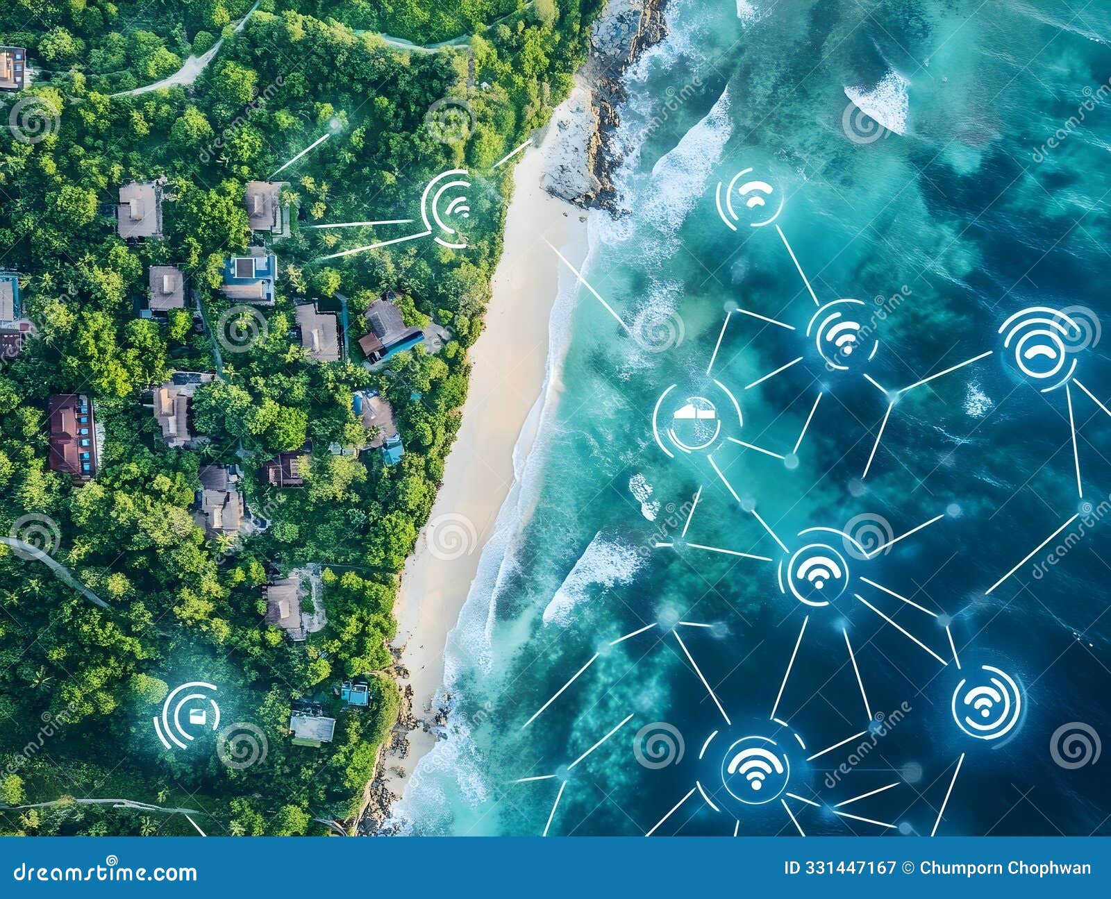 aerial view of iot powered smart coastal management system with renewable energy infrastructure
