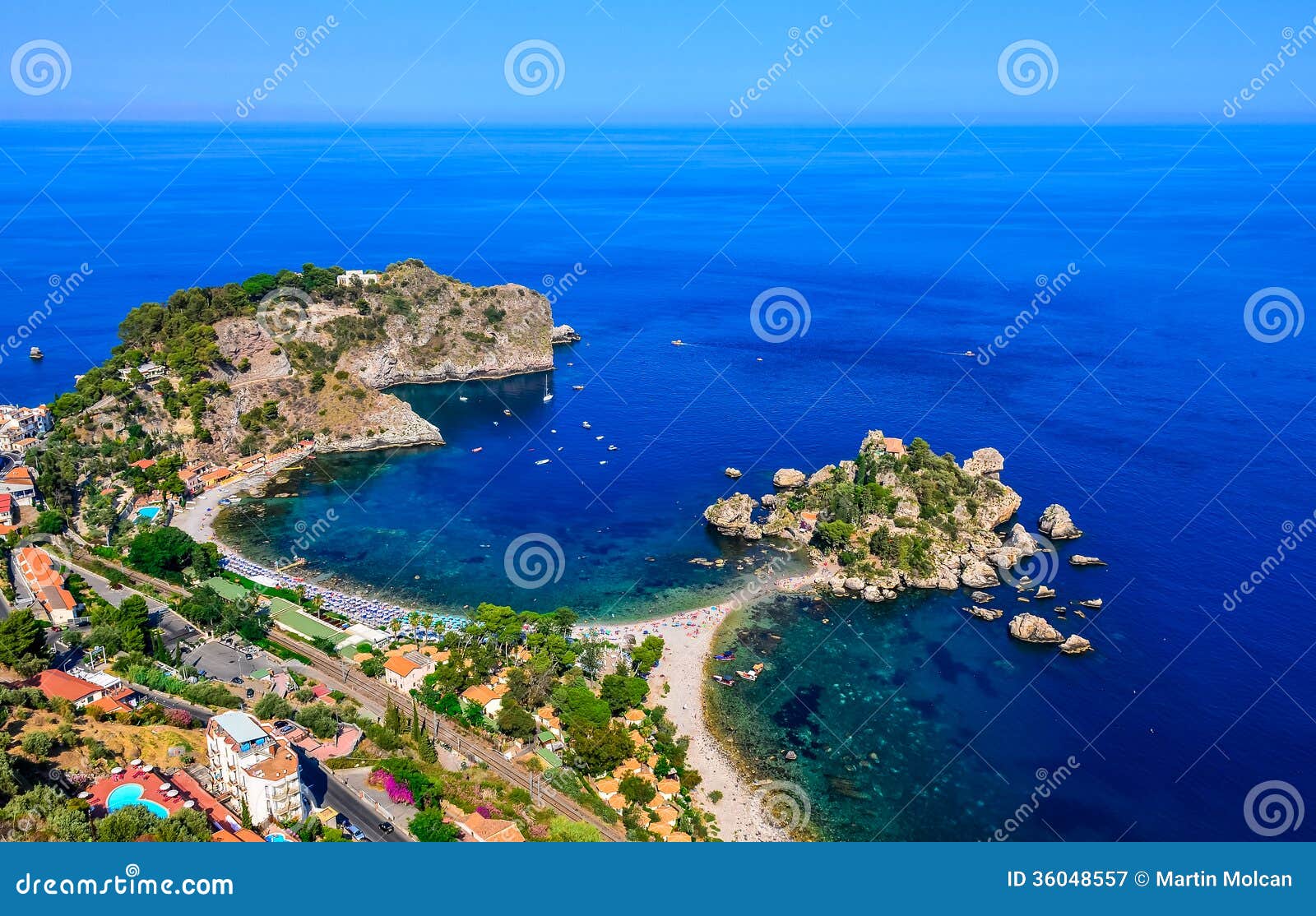 aerial view of isola bella beach coast in taormina, sicily