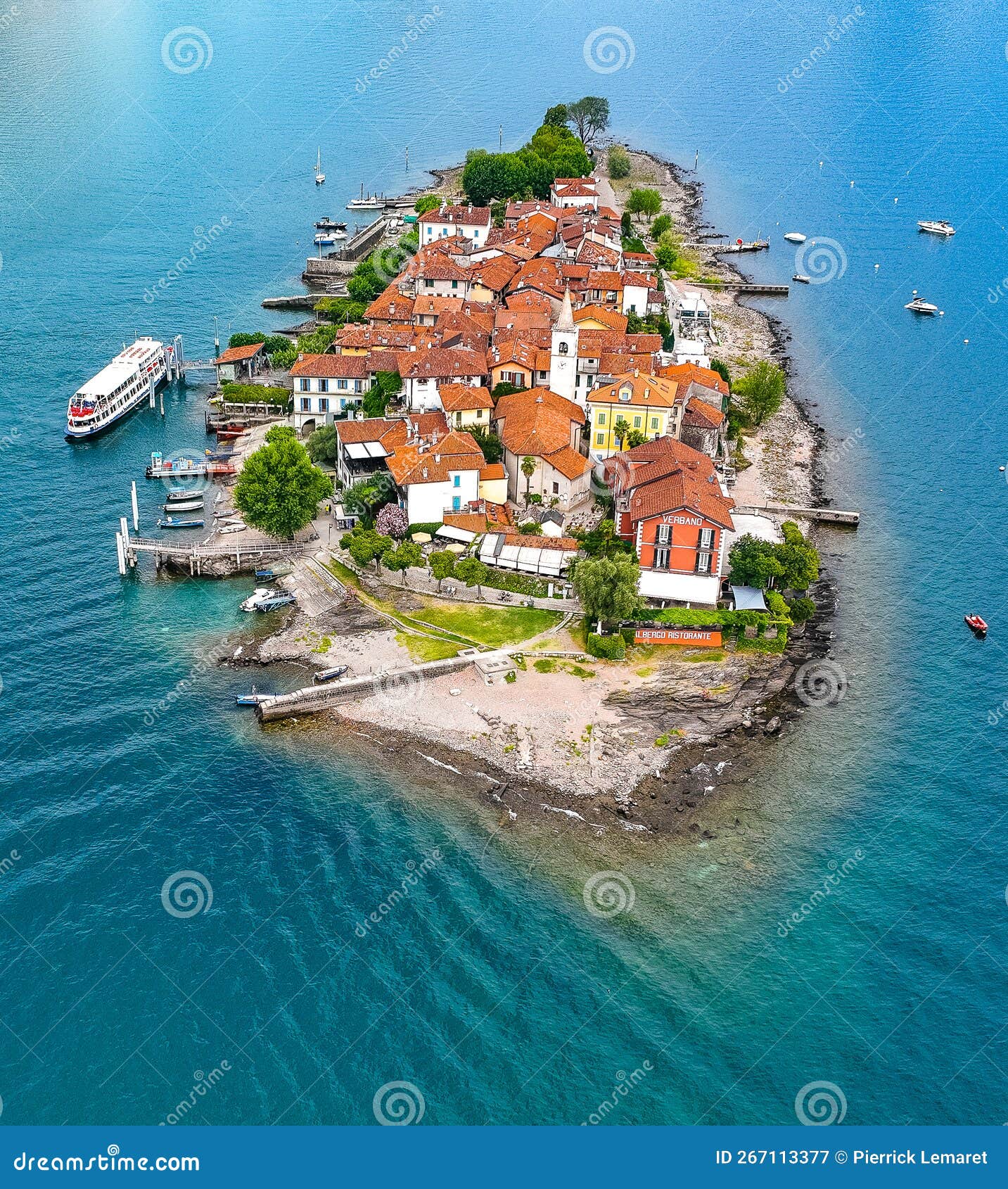 aerial view of isola superiore, or isola dei pescatori or island of the fishermen in borromean islands archipelago in