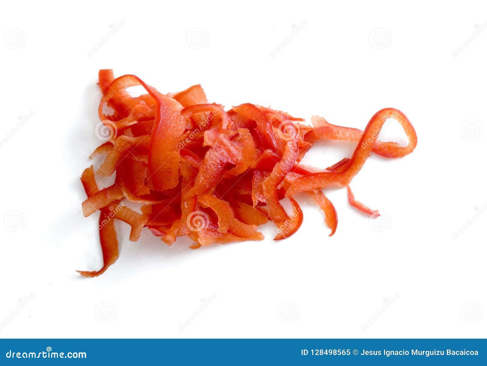 aerial view of julienne cuts of red pepper