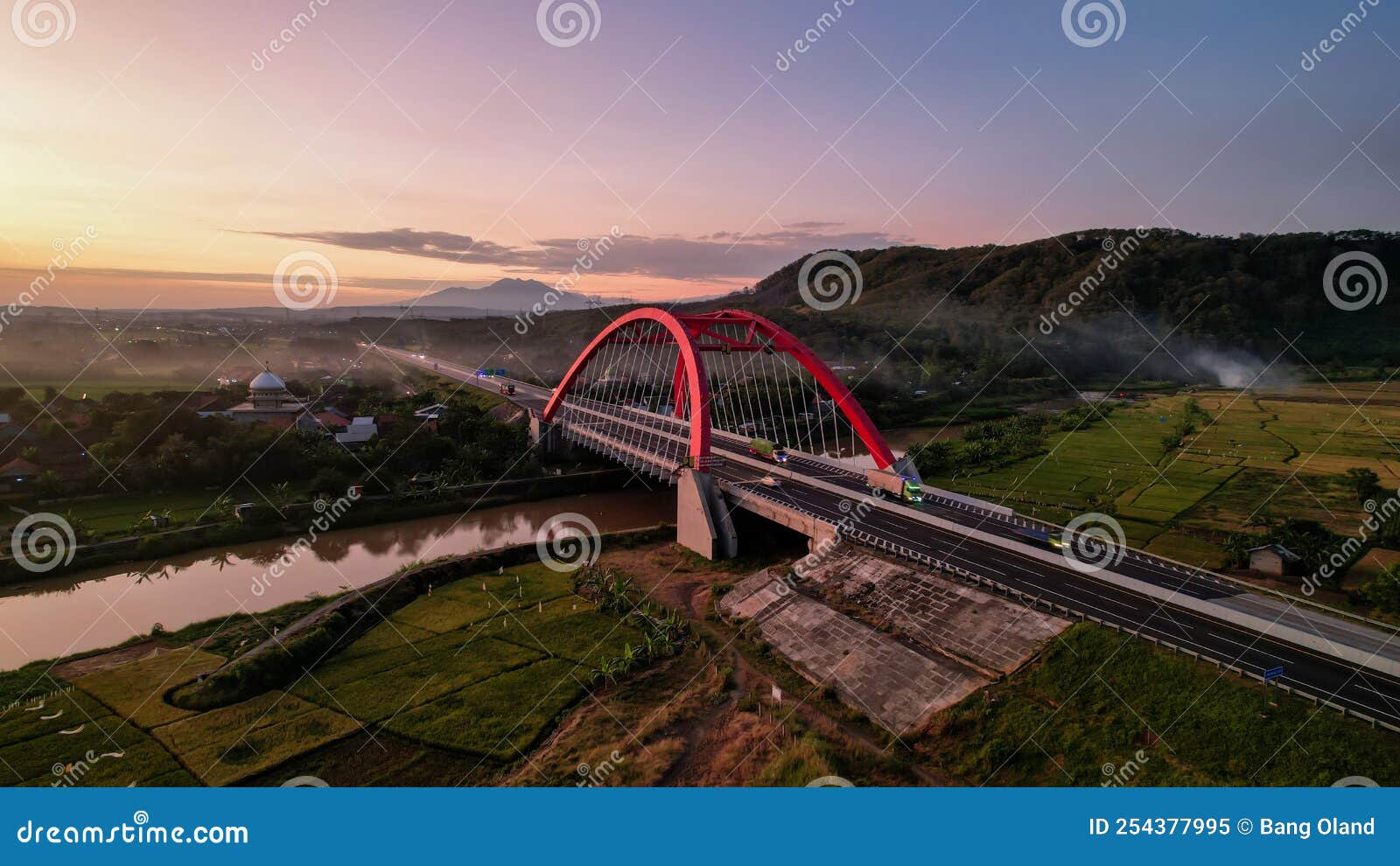 Aerial View of the Kalikuto Bridge, an Iconic Red Bridge at Trans Java Toll Road, Batang when