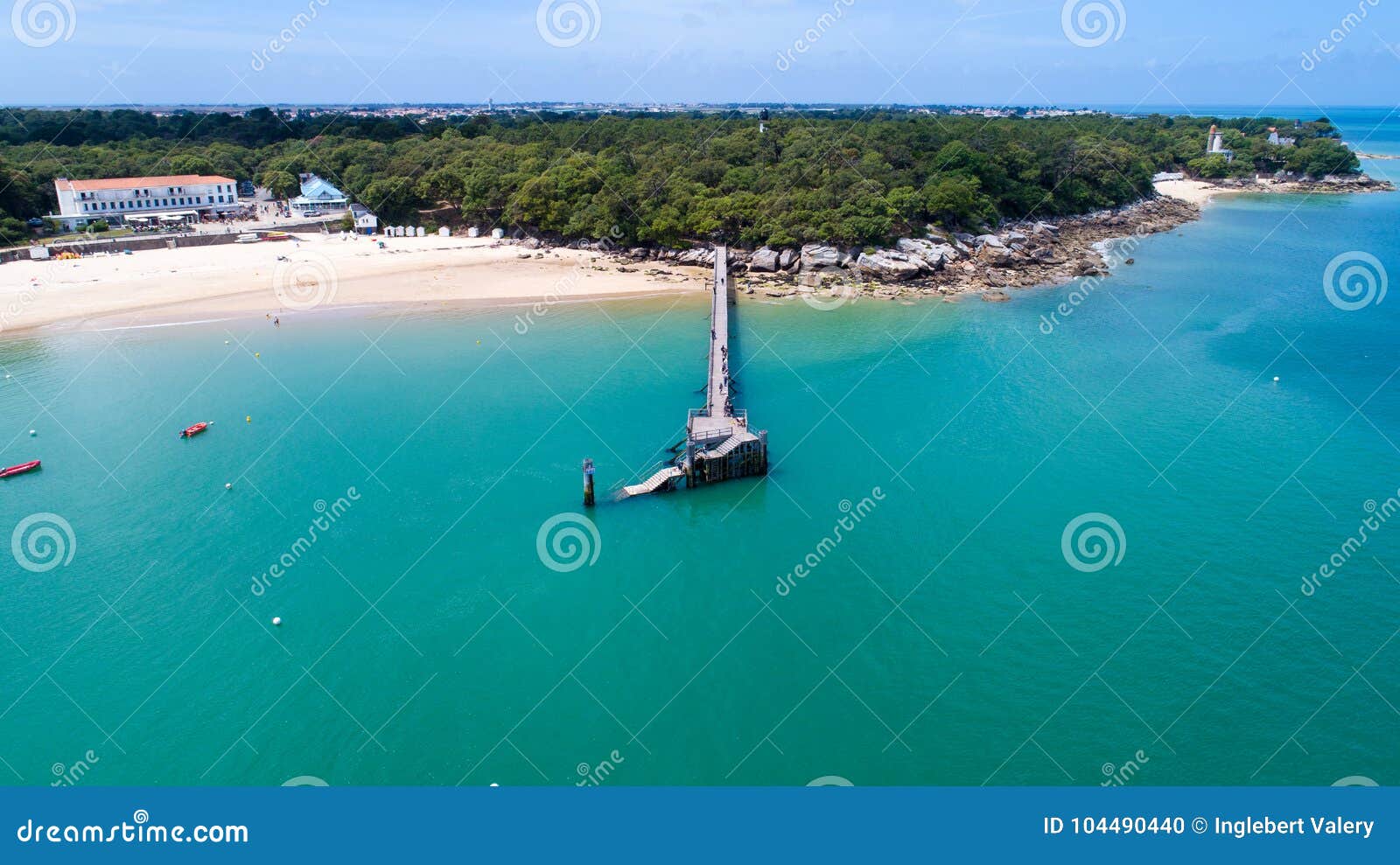 aerial view of la plage des dames wooden deck, noirmoutier island