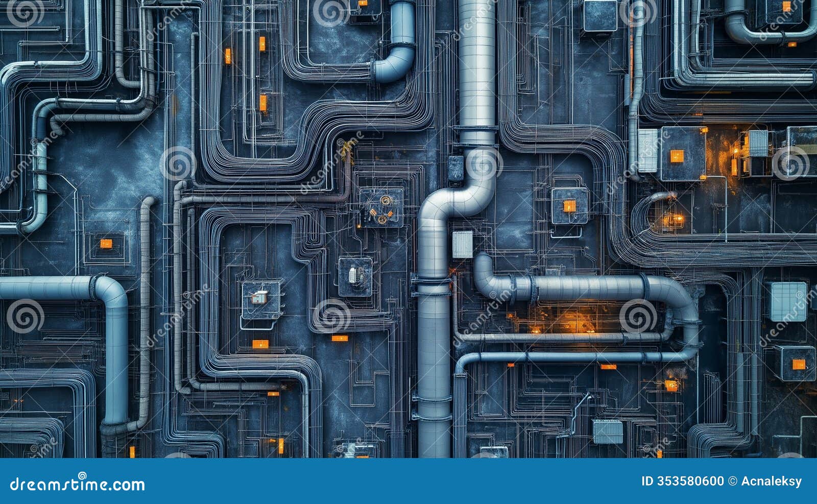 aerial view of a labyrinthine network of tubes and pipes