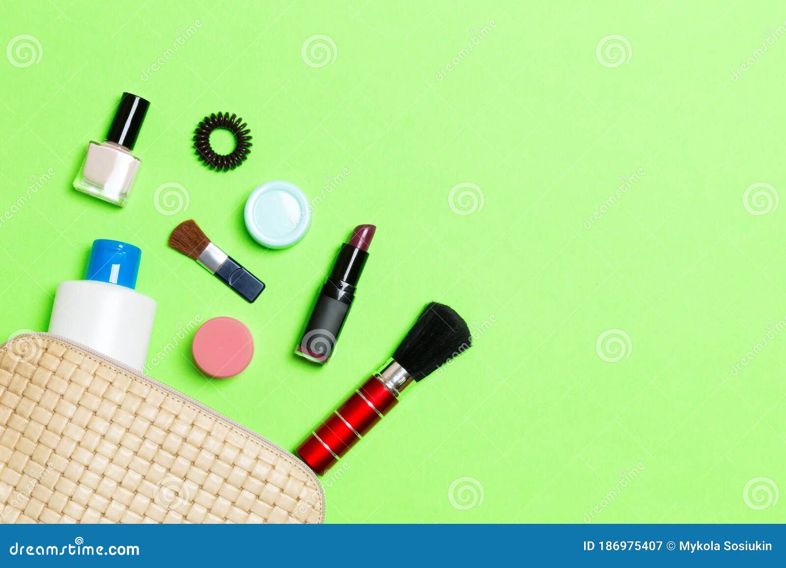 Aerial View of a Leather Cosmetics Bag with Make Up Beauty Products ...