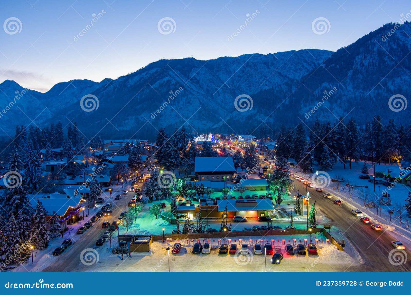 Aerial View of Leavenworth, Washington at Twilight in December of 2021