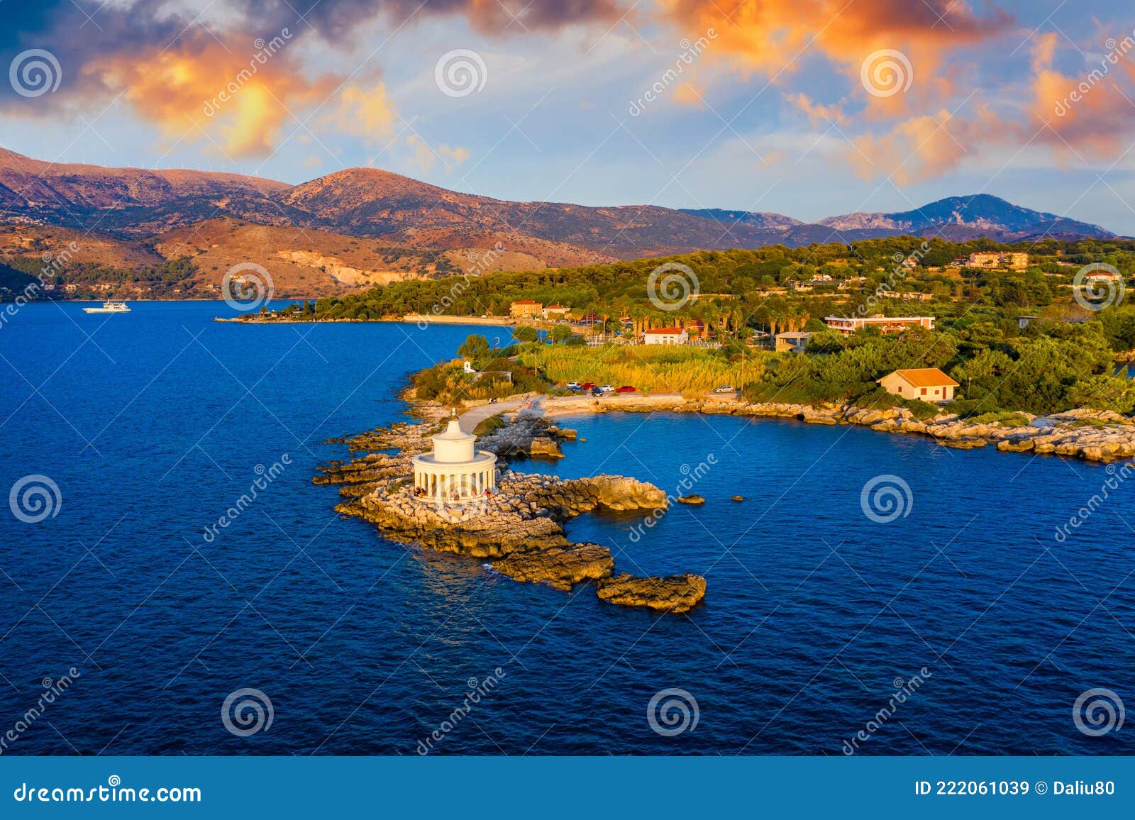 aerial view of lighthouse of saint theodore in lassi, argostoli, kefalonia island in greece. saint theodore lighthouse in