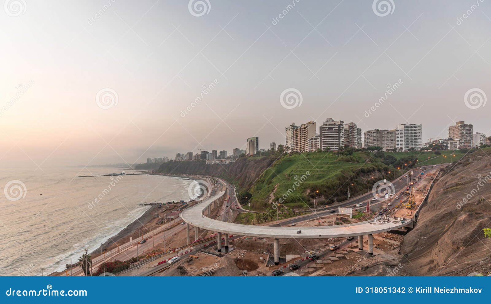 aerial view of lima's coastline in the neighborhood of miraflores day to night timelapse, lima, peru