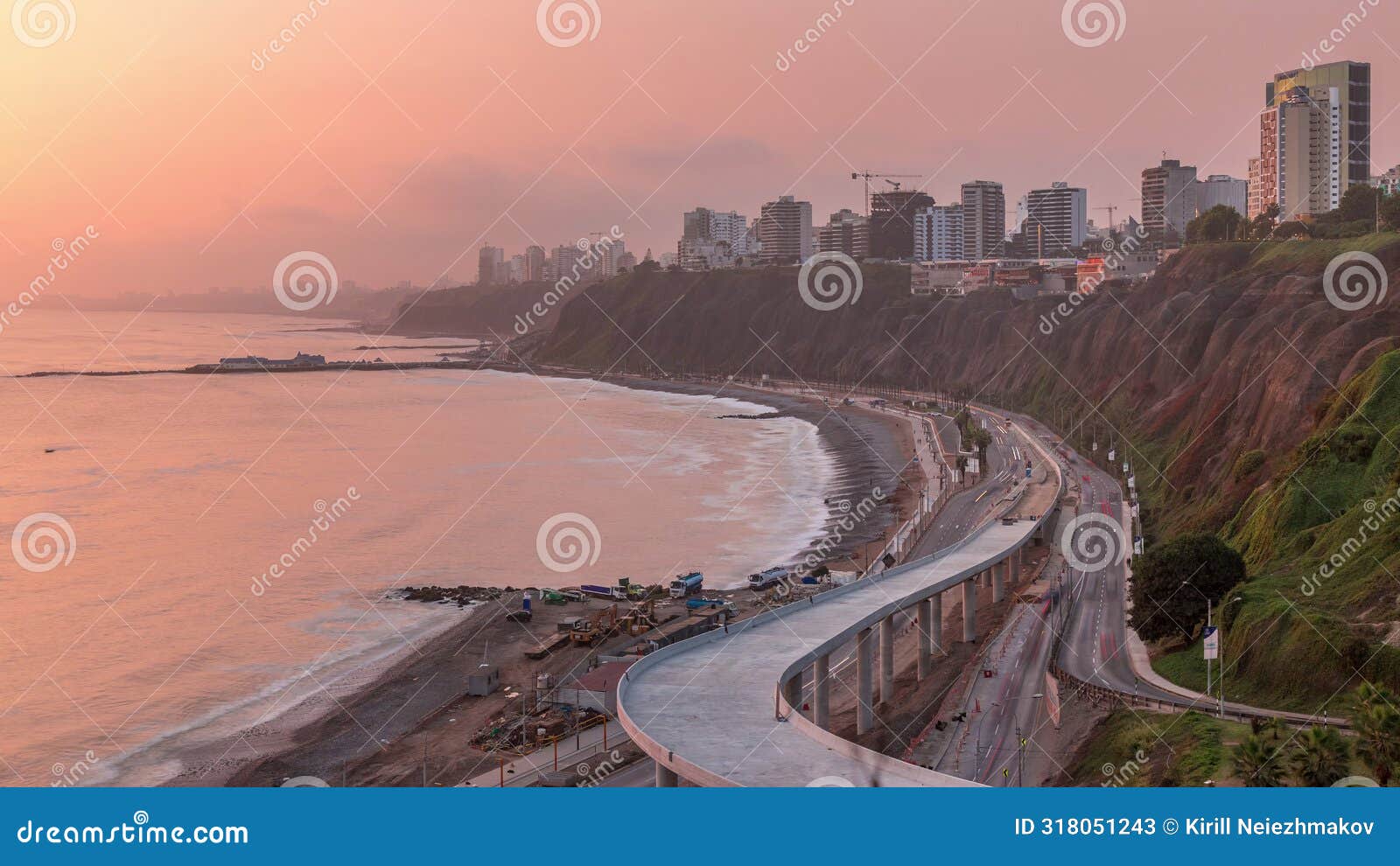aerial view of lima's coastline in the neighborhood of miraflores during sunset timelapse, lima, peru