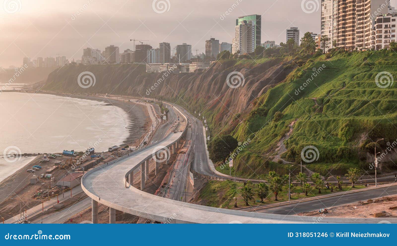 aerial view of lima's coastline in the neighborhood of miraflores during sunset timelapse, lima, peru