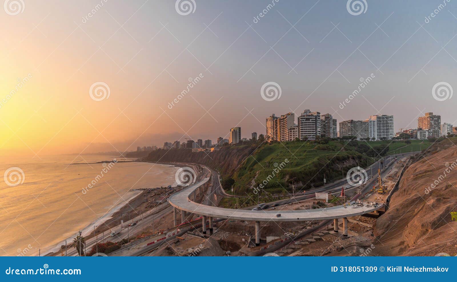 aerial view of lima's coastline in the neighborhood of miraflores during sunset timelapse, lima, peru