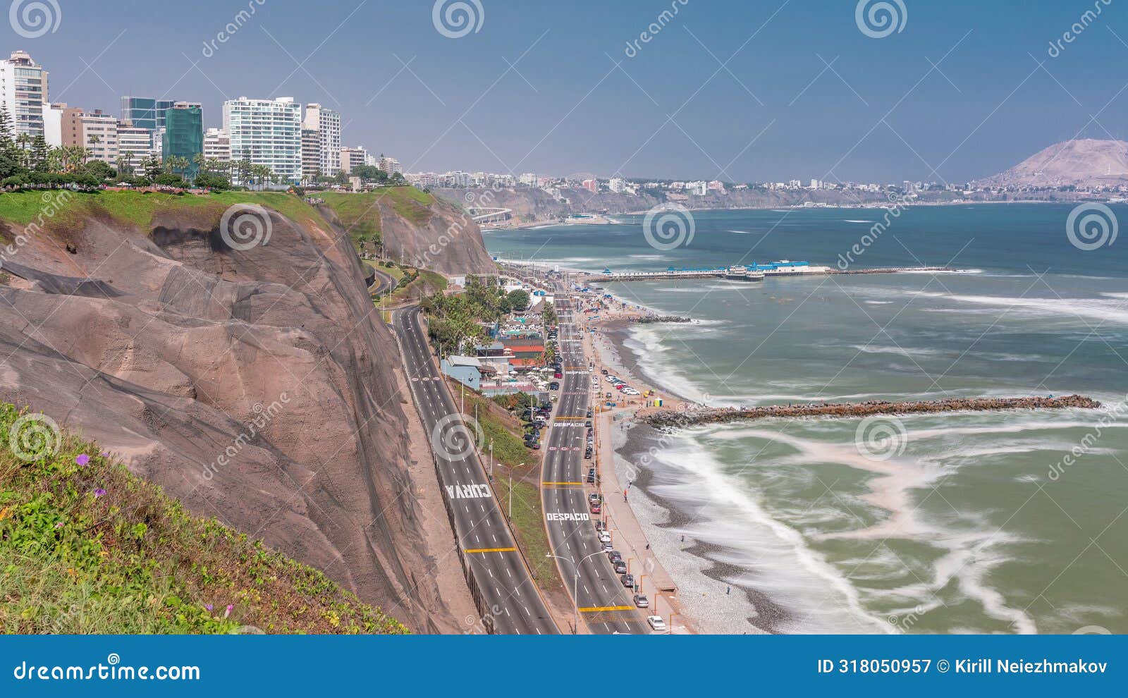 aerial view of lima's coastline in the neighborhood of miraflores timelapse, lima, peru