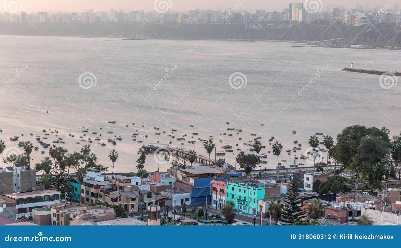aerial view of lima's shoreline with boats including the districts of barranco and chorrillos timelapse. peru