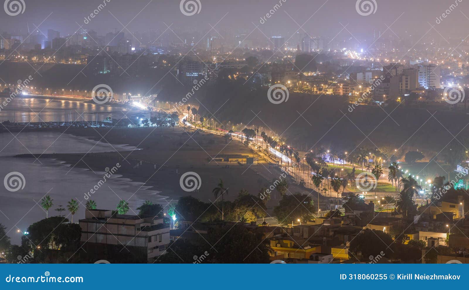 aerial view of lima's shoreline including the districts of barranco and chorrillos night to day timelapse. peru