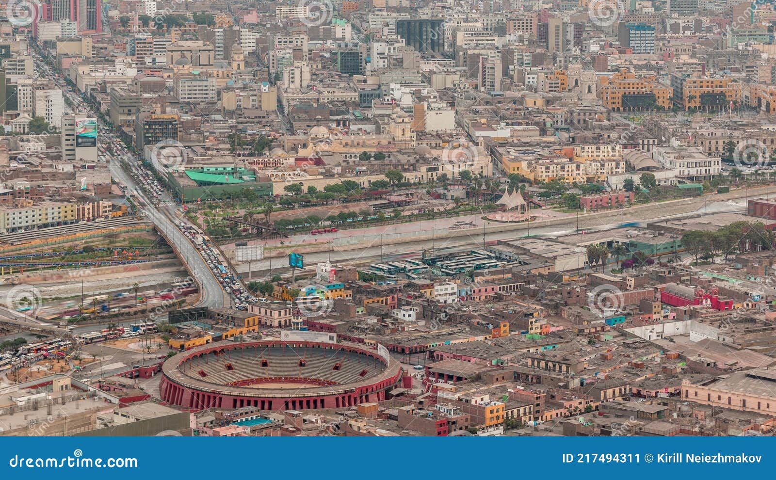 aerial view of lima skyline timelapse with plaza de toros de acho bullring from san cristobal hill.