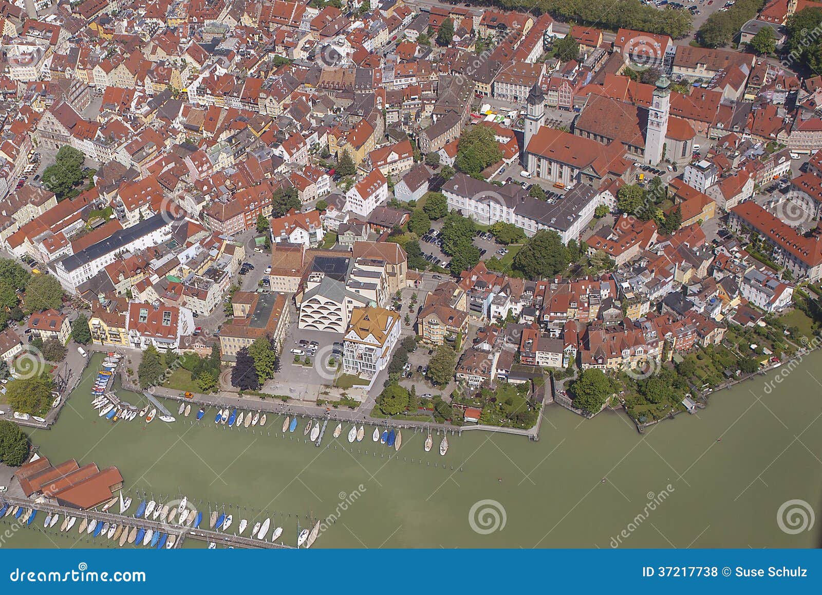 Aerial view of Lindau at Lake Constance. Aerial view from a Zeppelin over Lindau at the Bodensee