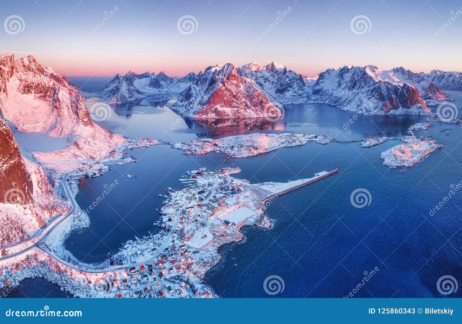 aerial view at the lofoten islands, norway. mountains and sea during sunset.