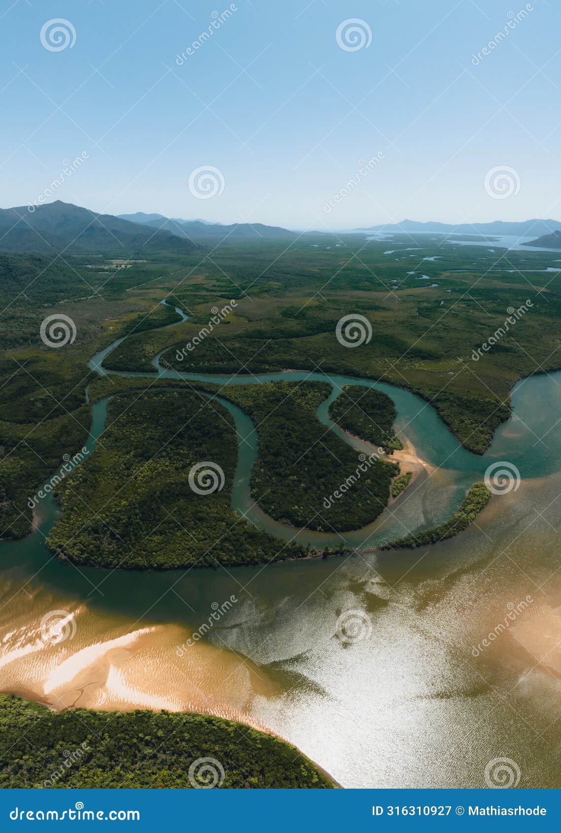aerial view of mangroves in hinchinbrook national park. mountains, rivers and ramsay bay beach along the thorsborne