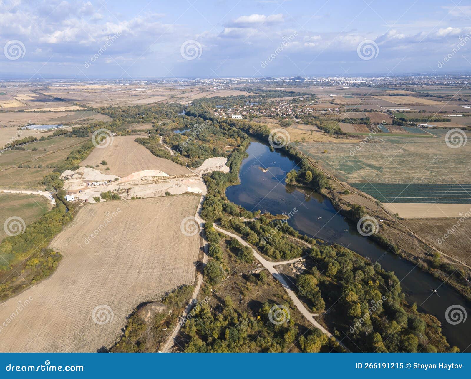 aerial view of maritsa river near village of orizari, bulgaria