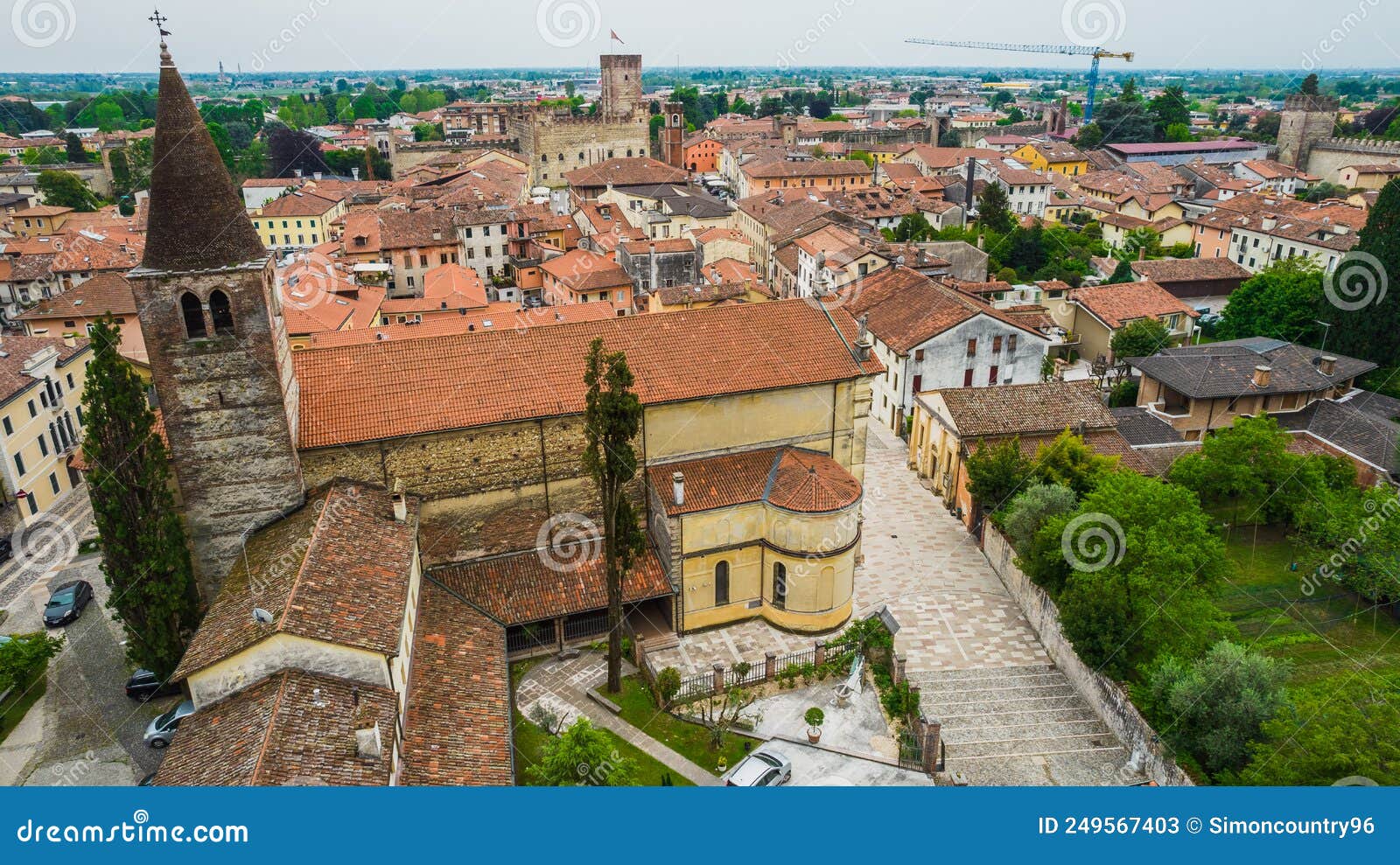aerial view of marostica with sant'antonio abate church bell tower, vicenza, veneto, italy, europe