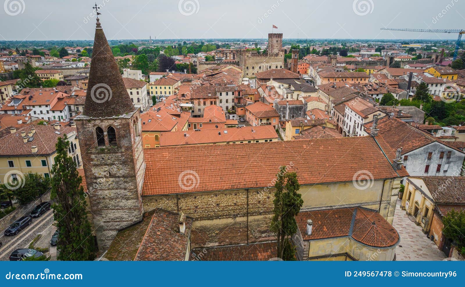 aerial view of marostica with sant'antonio abate church bell tower, vicenza, veneto, italy, europe