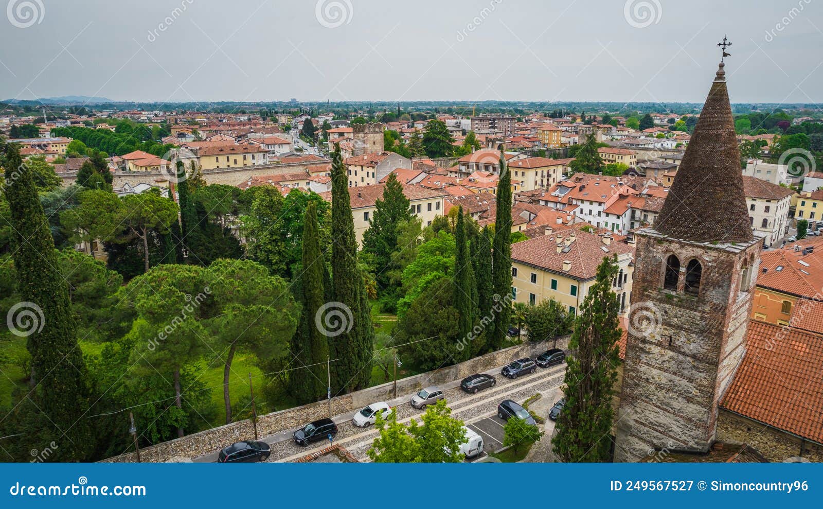 aerial view of marostica with sant'antonio abate church bell tower, vicenza, veneto, italy, europe