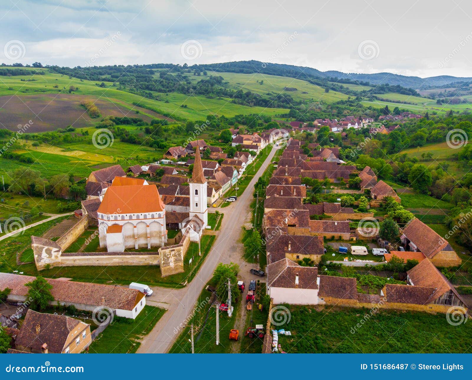 Aerial View. Medieval Saxon Church in Saschiz Village, Transylvania ...