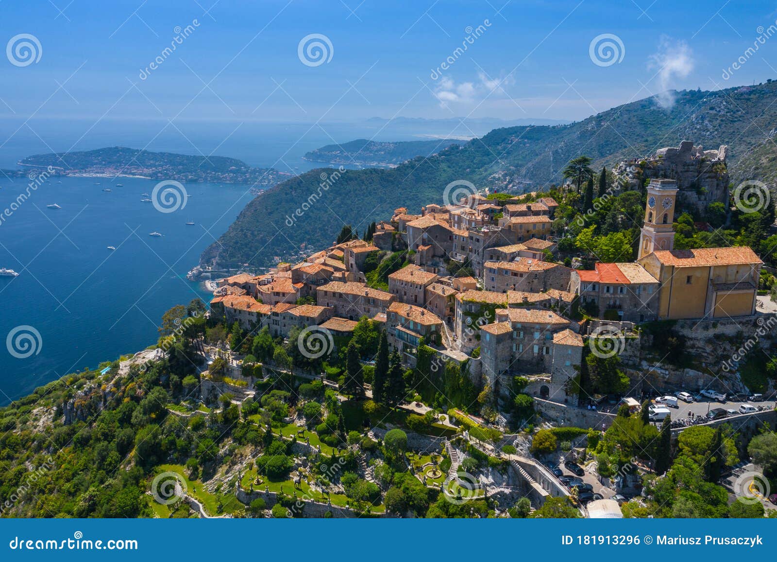aerial view of medieval village of eze, on the mediterranean coastline landscape and mountains, french riviera coast, cote d`azur