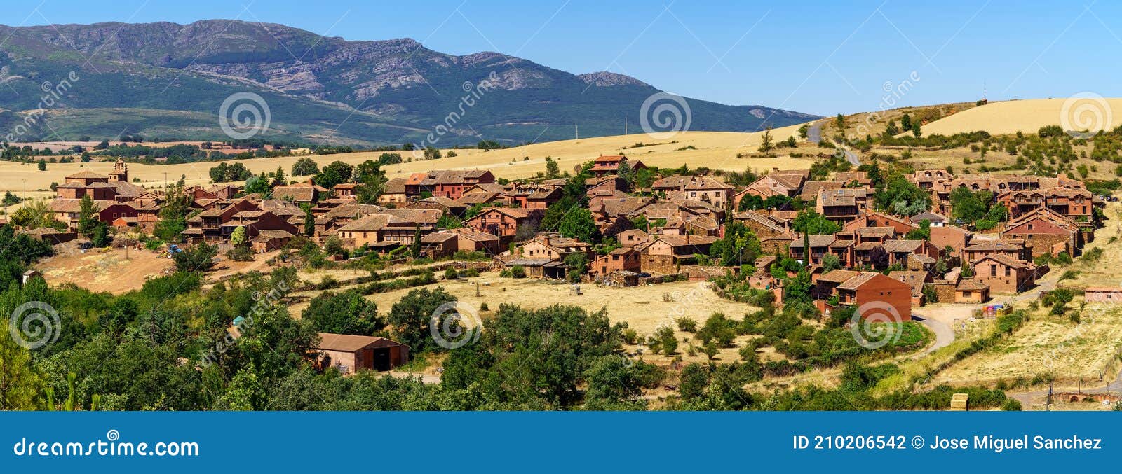 aerial view medieval village in the mountains called madriguera in segovia spain. europe