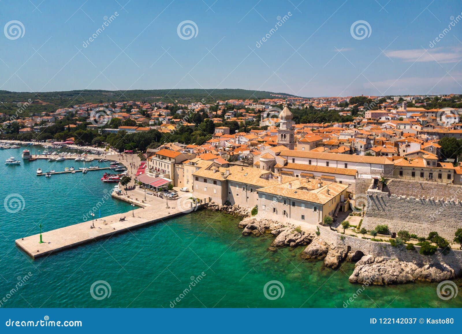 aerial view of mediterranean coastal old town krk, island krk, croatia