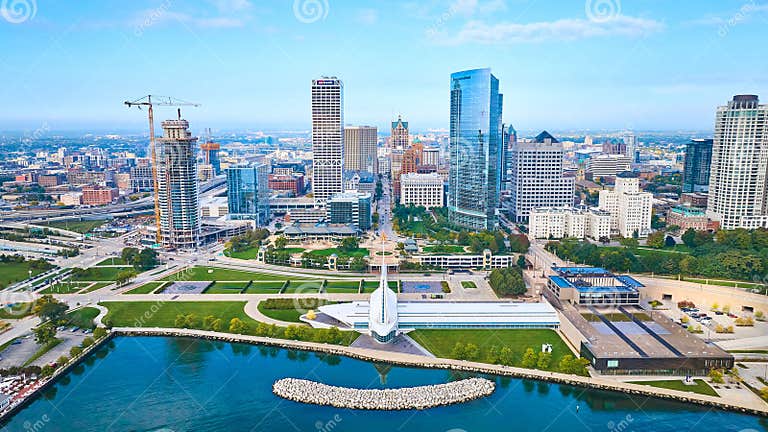 Aerial View of Milwaukee Skyline Lakefront Park and Quadracci Aerial View of Milwaukee Skyline Lakefront Park and Quadracci