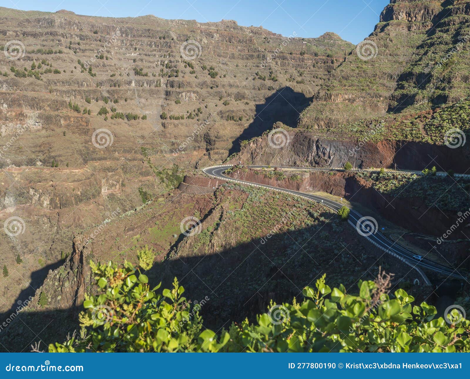 aerial view from mirador de la curva del queso. green valley of valle gran rey with mountain cliffs, ocean and colorful