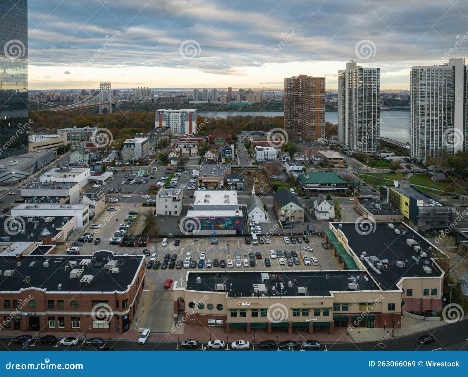 Aerial View of Modern Buildings and Streets in Fort Lee, New Jersey at Sunset Editorial Stock