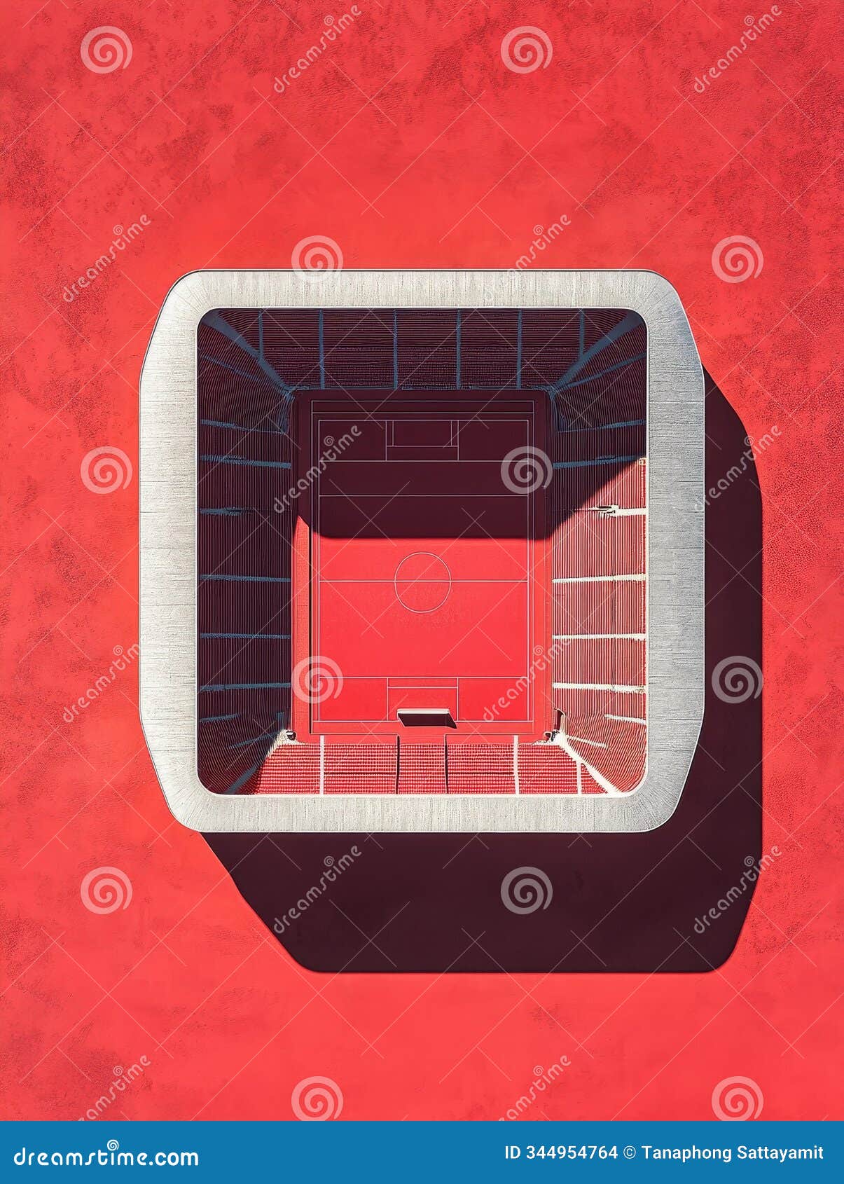 aerial view of a modern stadium with red field