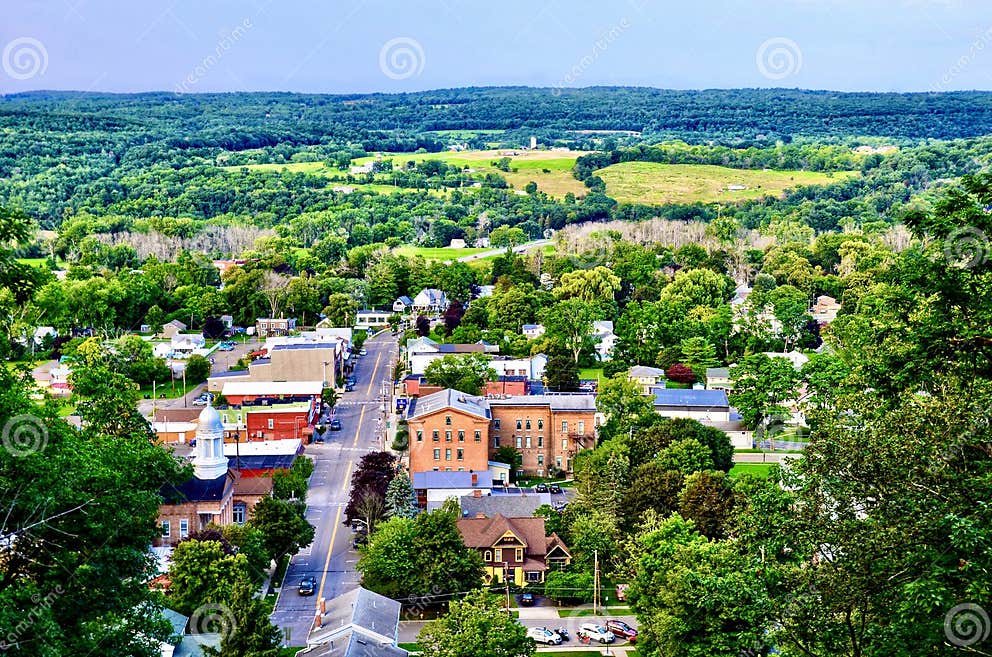 Aerial View of Montour Falls, a Small Village and Landscape in Upstate New York Stock Photo