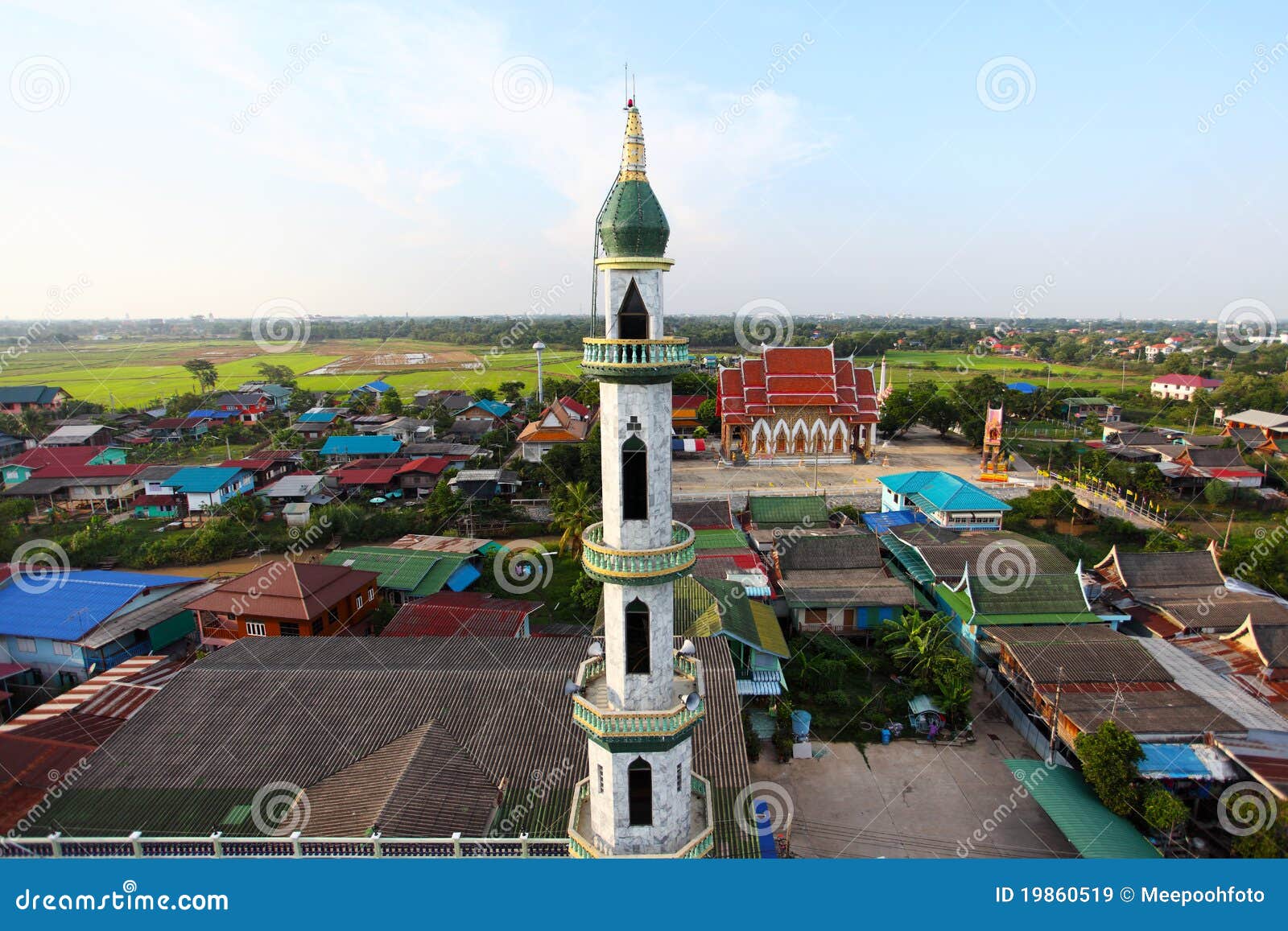 Aerial view of mosque among residential area