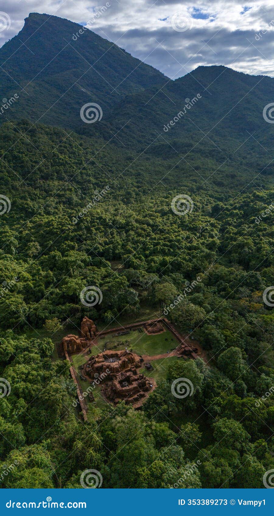 aerial view of my son ruin, it is a cluster of abandoned and partially ruined shaiva hindu temples. hue. vietnam