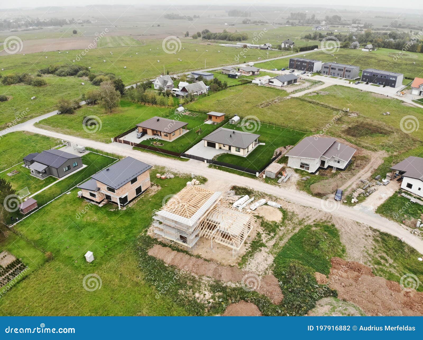 Aerial View of New House Under Construction at Construction Site Stock