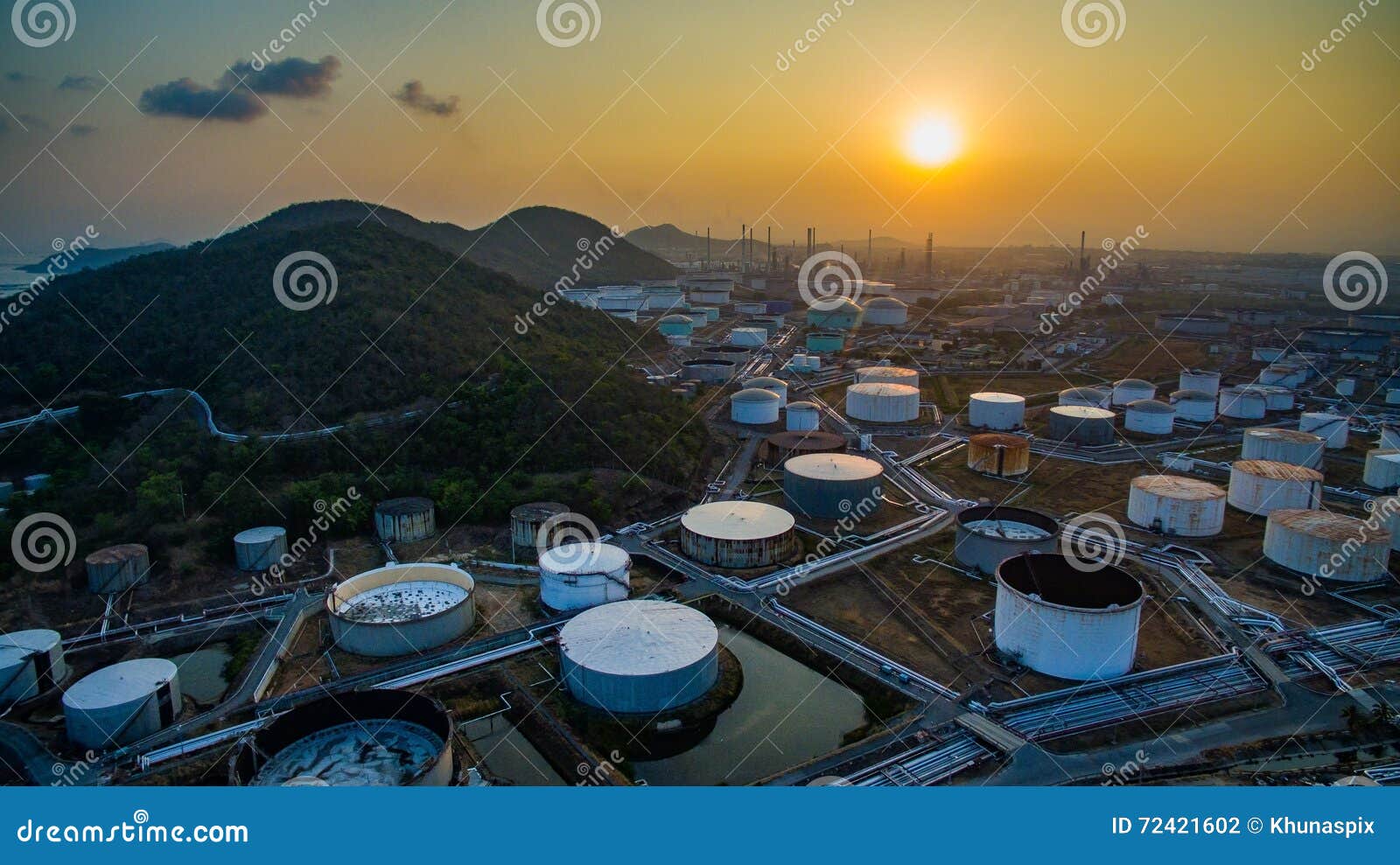 Aerial view of oil tank storage in heavy petrochemical industries estate plant