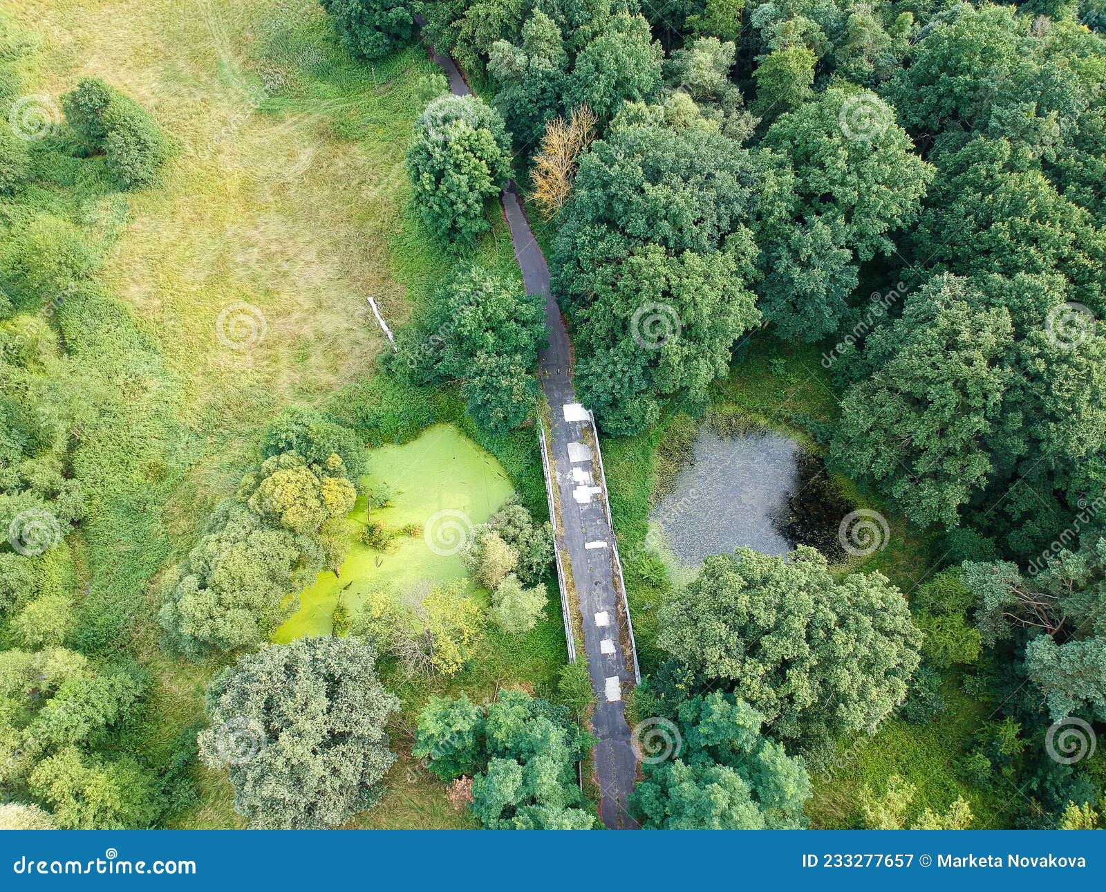aerial view on old broken bridge over river barycz by village osetno in poland