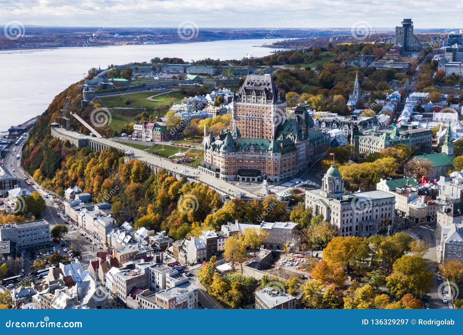 aerial view of old quebec city in the fall season, quebec, canada