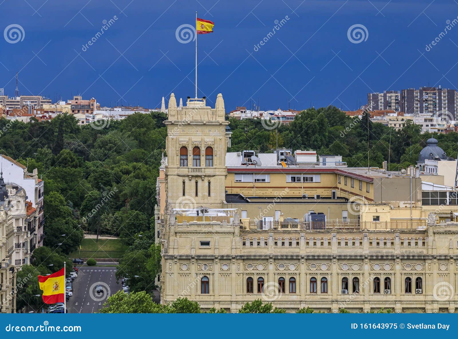 aerial view of the ornate building of cuartel general de la armada or headquarters of the spanish navy in madrid, spain