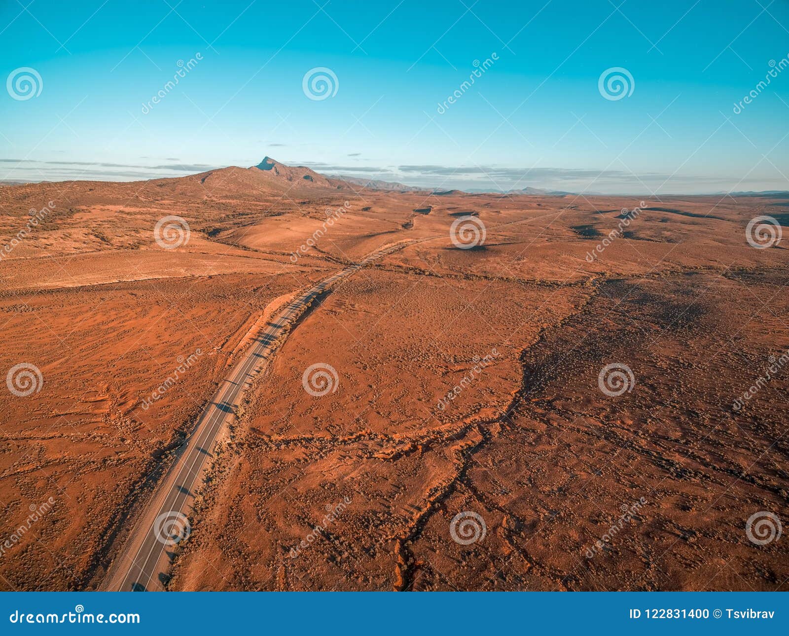 aerial view of the outback highway passing through flinders ranges.
