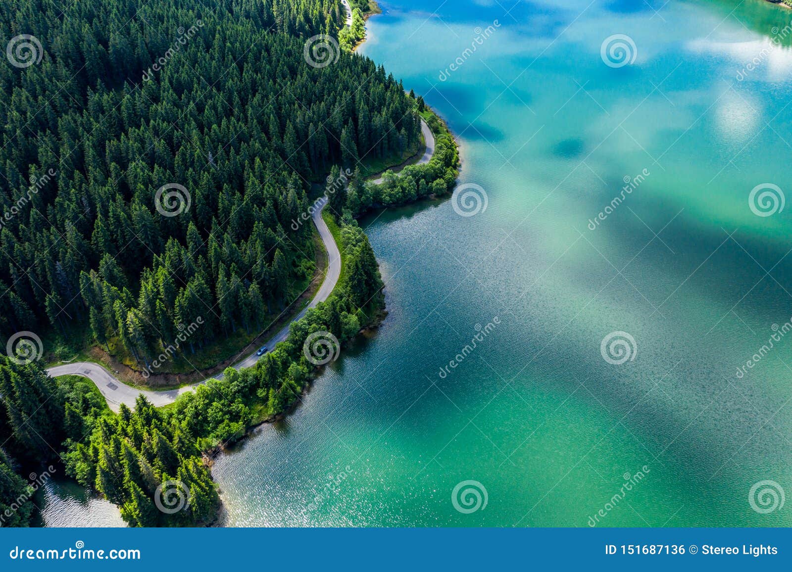 Aerial View Over Beautiful Turquoise Mountain Lake and Green Forest ...