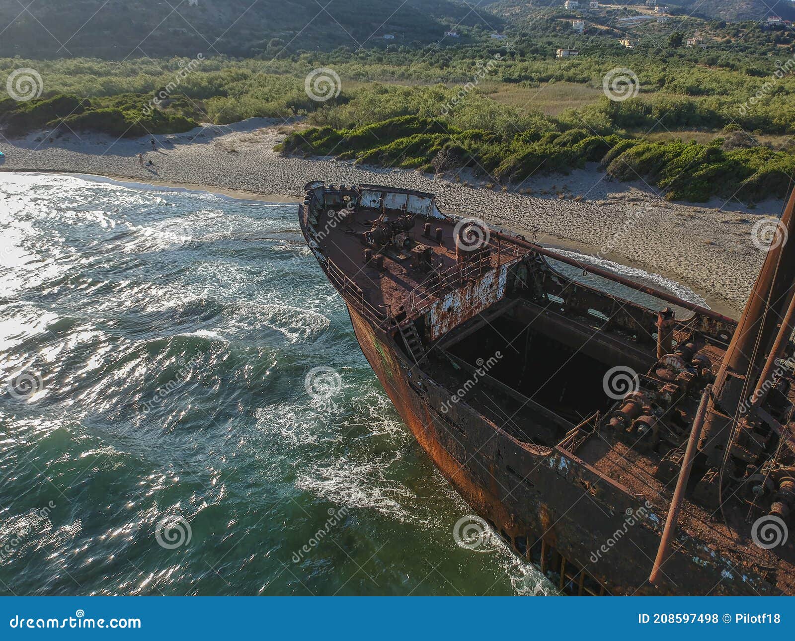 aerial view over the famous agios dimitrios shipwreck in githeio, peloponnese, greece
