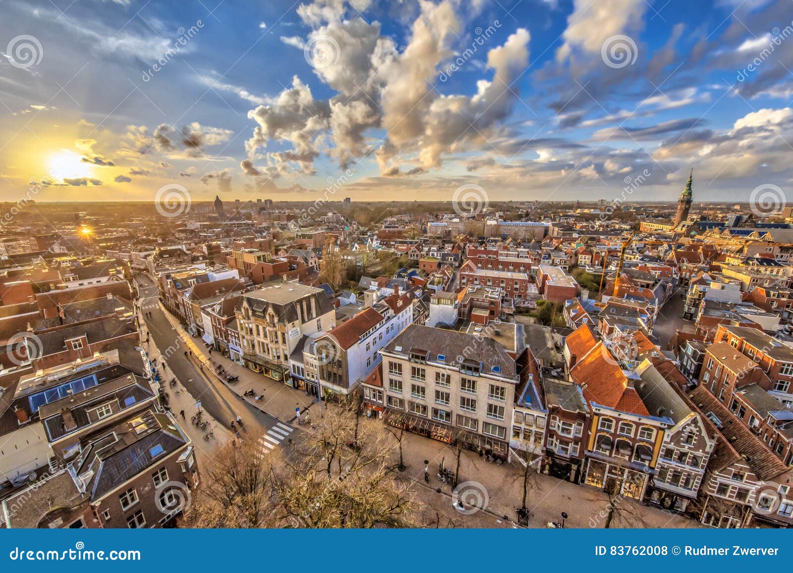 aerial view over groningen city at sunset
