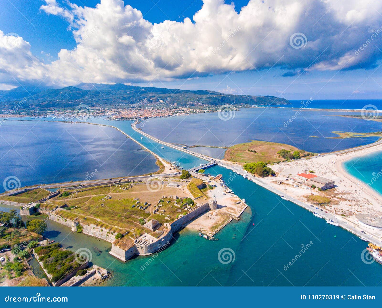 aerial view over lefkada fortress and rotating bridge at the entrance of the main harbour canal