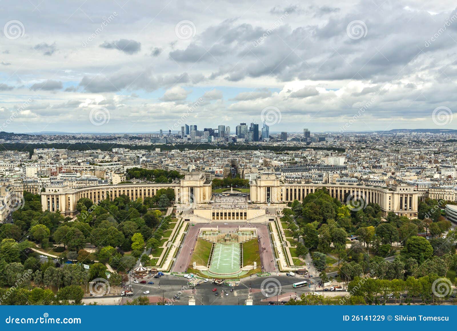 aerial view over paris, trocadero and la defence