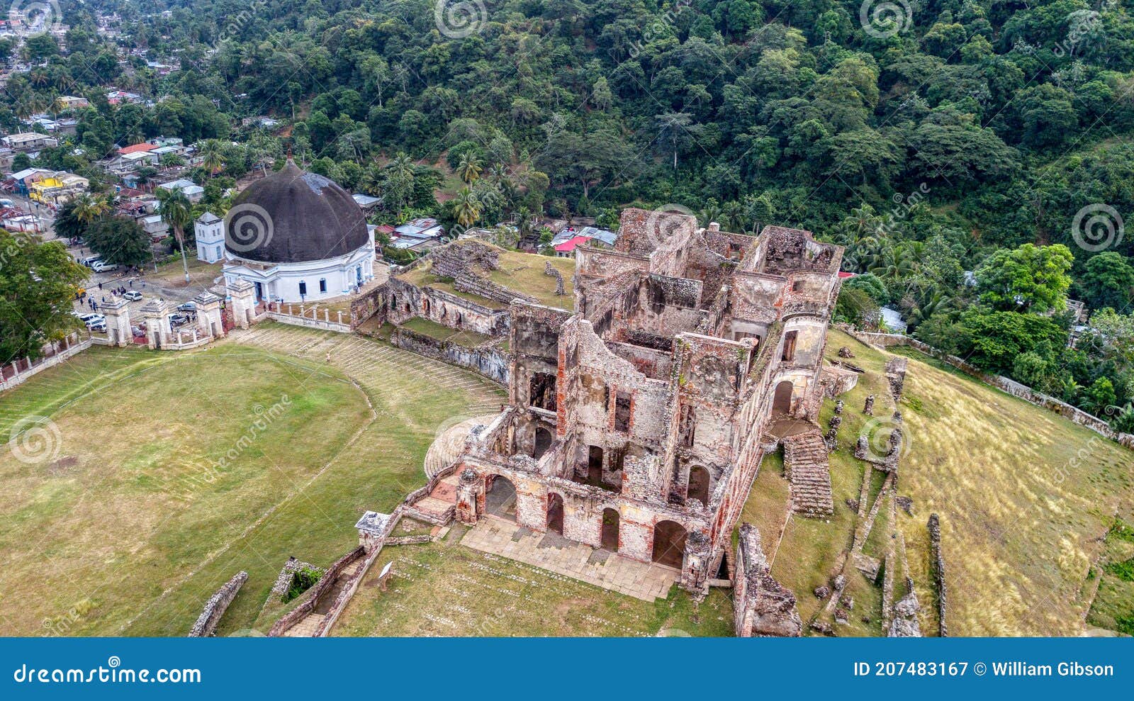 aerial view of the palace of sans-souci and our lady of the immaculate conception church in milot  haiti