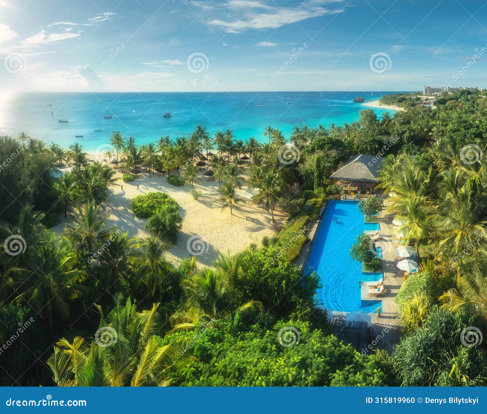 aerial view of palms, pool, bungalow, sandy beach, blue sea