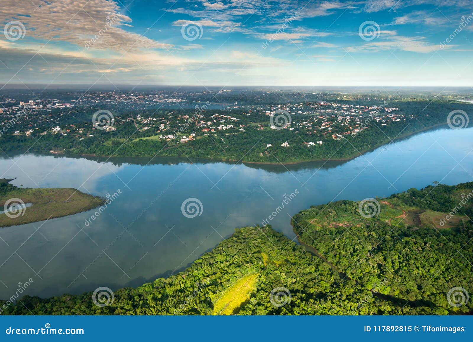 aerial view of parana river on the border of paraguay and brazil with ciudad del este